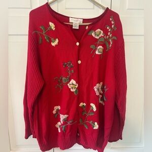Susan Bristol 3W Red Cardigan Sweater – Hand Embroidered Floral – Plus Size